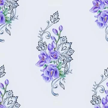 Seamless pattern of beautiful violet freesia on a white background. Stock Illustration