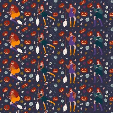 Seamless pattern with a beautiful witch flying on a broom Illustrazione stock