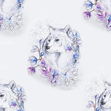 Seamless pattern of a beautiful wolf in flowers on a white background. Stock Illustration