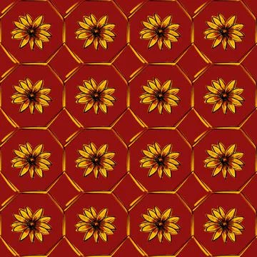 Seamless pattern. Beautiful yellow large rudbeckia or daisy flowers on a red Stock Illustration