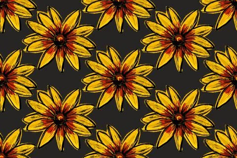 Seamless pattern. Beautiful yellow large rudbeckia or daisy flowers on a black Stock Illustration