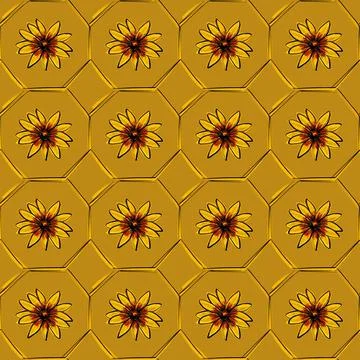 Seamless pattern. Beautiful yellow large rudbeckia or daisy flowers on mustard Stock Illustration