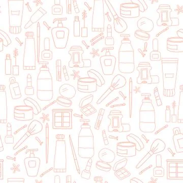 Seamless pattern of beauty and cosmetics icons of pink color. Creams and bottles Stock Illustration