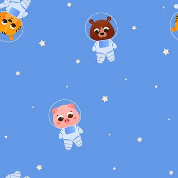 Seamless pattern for bedding, wallpaper or fabric, animals explore cosmos in Stock Illustration