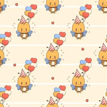 Seamless pattern with bee in birthday cap with balloons on yellow striped b.. Stock Illustration