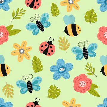 Seamless pattern - bee, butterfly, ladybug, flower Stock Illustration