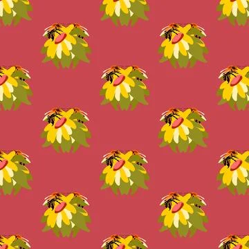 Seamless pattern bee flower Red background wild flowers postcard poster banner Stock Illustration