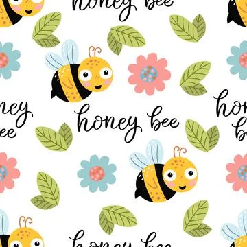 Seamless pattern with bee, flowers and lettering イラスト素材