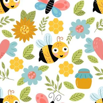 Seamless pattern with bee, flowers, honey 스톡 일러스트
