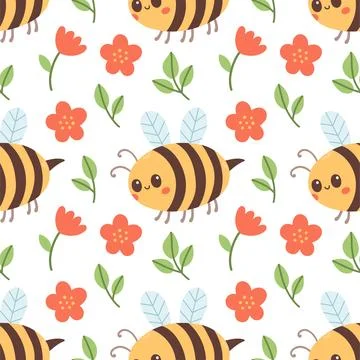 Seamless pattern of bee, red flowers and green leaf on white background vector Stock Illustration
