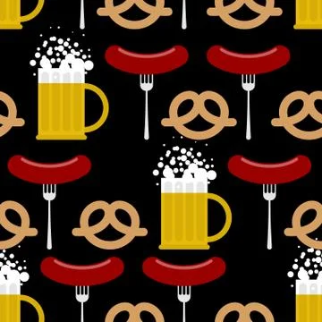 Seamless pattern beer and pretzels, sausage. Vector background of Symbols of  Stock Illustration