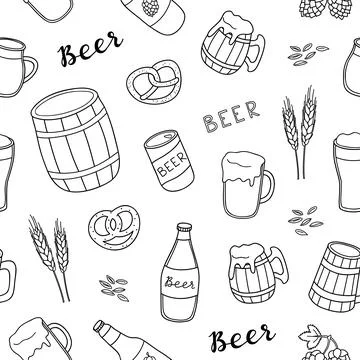 Seamless pattern with beer, brezel and lettering. Stock Illustration