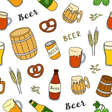 Seamless pattern with beer, brezel and lettering. Stock Illustration