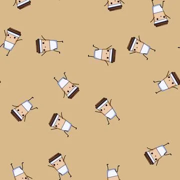Seamless pattern beer coffee cup character cartoon vector Stock Illustration