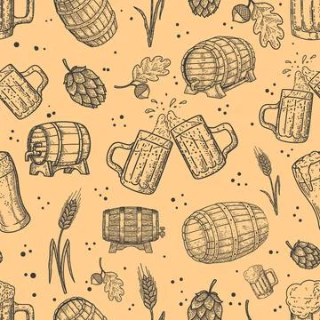 Seamless pattern with beer design elements. For  poster, card, banner, flyer. Stock Illustration
