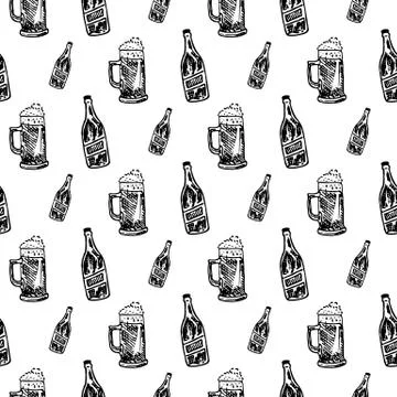 Seamless pattern beer glasses and bottle. Vector vintage illustration isolate Stock Illustration