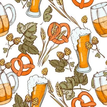 Seamless pattern with beer glasses and hops, sketch vector background. Stock Illustration