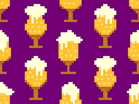 Seamless pattern with beer glasses in pixel style. 8 bit beer mug with foam.. Illustrazione stock