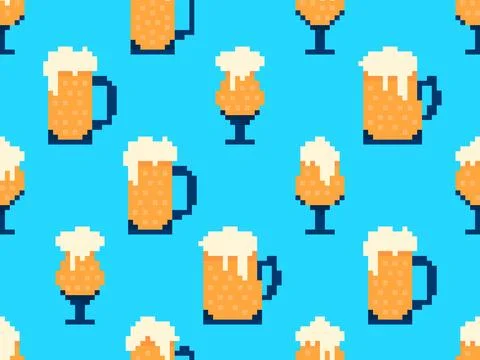 Seamless pattern with beer glasses in pixel style. 8 bit beer mug with foam.. Stock Illustration