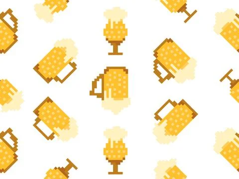 Seamless pattern with beer glasses in pixel style. 8 bit beer mug with foam.. Stock Illustration