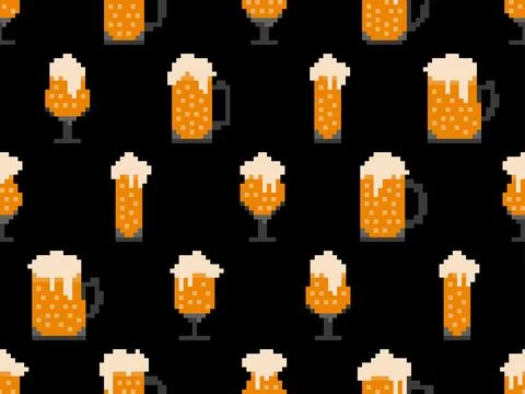 Seamless pattern with beer glasses in pixel style. 8 bit beer mug with foam.. Stock Illustration