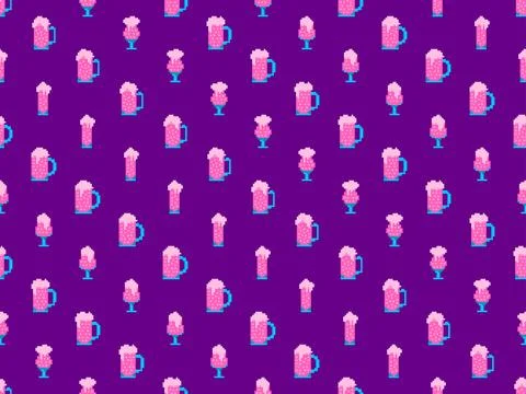 Seamless pattern with beer glasses in pixel style. 8 bit beer mug with foam.. Stock Illustration