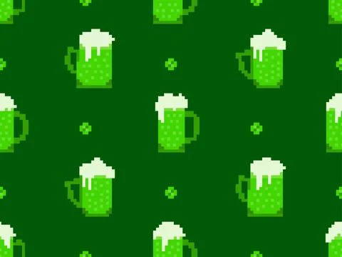 Seamless pattern with beer glasses in pixel style. 8 bit beer mug with foam.. Stock Illustration