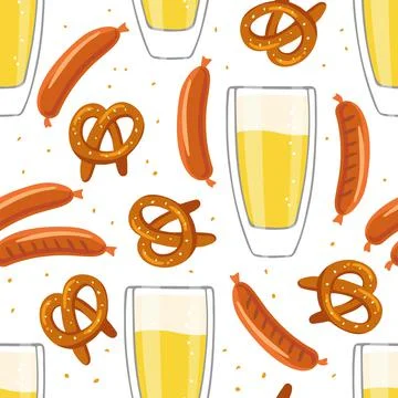 Seamless pattern with Beer glasses, sausages, pretzes on white background Stock Illustration
