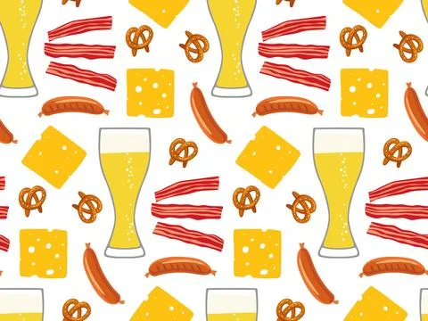 Seamless pattern with Beer glasses, sausages, pretzels, cheese slice, bacon on 스톡 일러스트