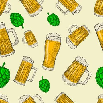 Seamless pattern with beer mugs and hop. Vintage design for poster, package,  Stock Illustration