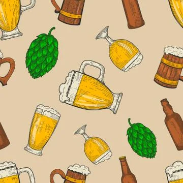Seamless pattern with beer mugs and hop. Vintage design for poster, package,  Illustrazione stock