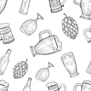 Seamless pattern with beer mugs and hop. Vintage design for poster, package,  Illustrazione stock