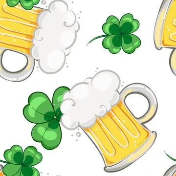 Seamless pattern with beer mugs and clover leaves, for st. patricks day. St Stock Illustration