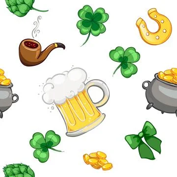 Seamless pattern with beer mugs and clover leaves, golden horseshoe. for beer Stock Illustration