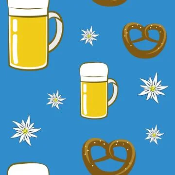 Seamless pattern beer pretzel and edelweiss flower on blue background Illustrazione stock