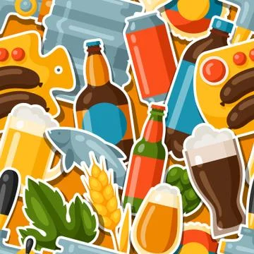Seamless pattern with beer stickers and objects Stock Illustration