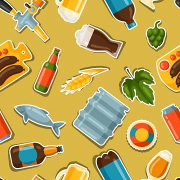Seamless pattern with beer stickers and objects Stock Illustration