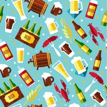 Seamless pattern with beer symbols on blue background. Vector illustration. F Stock Illustration