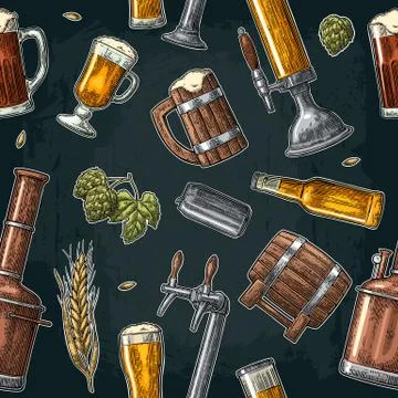 Seamless pattern beer tap, class, can, bottle and hop. Stock Illustration