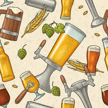 Seamless pattern beer tap, class, can, bottle and hop. Stock Illustration
