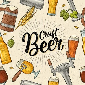 Seamless pattern beer tap, class, can, bottle and hop. Stock Illustration