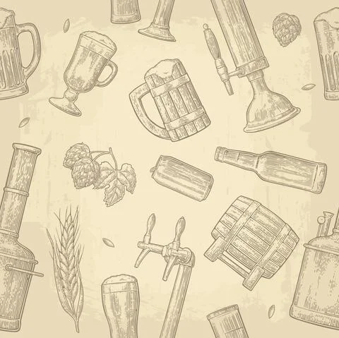 Seamless pattern beer tap, glass, can, bottle and hop. Stock Illustration