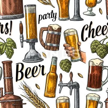 Seamless pattern beer tap, hand hold glass, bottle and hop Stock Illustration