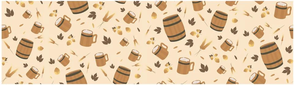 Seamless pattern beer topic: barrel, mug, hop Stock Illustration