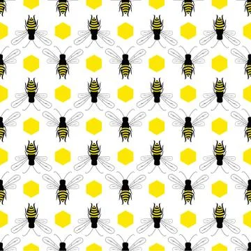 Seamless pattern of bees among honeycombs. イラスト素材