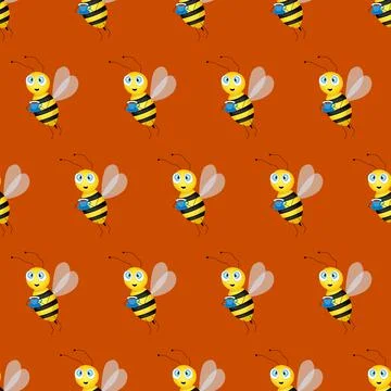 Seamless pattern with bees and cups on brown background. Vector illustration Stock Illustration