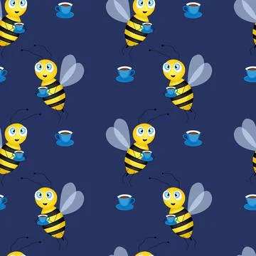 Seamless pattern with bees and cups on blue background. Vector illustration Illustrazione stock