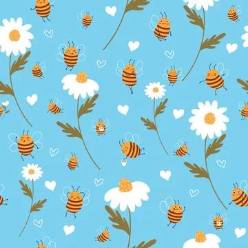 Seamless pattern with bees and daisies. Yellow cute striped insect and white Stock Illustration