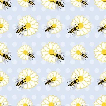 Seamless pattern bees and daisy flowers on purple polka dots background Stock Illustration