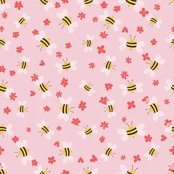 Seamless pattern with bees and flowers on color background. Adorable cartoon イラスト素材
